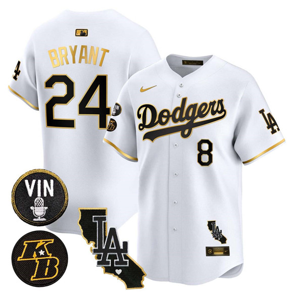Men's Los Angeles Dodgers Front #8 Back #24 Kobe Bryant White Gold 2025 Vin & Kobe Patch Vapor Limited V2 Stitched Baseball Jersey Men's Los Angeles Dodgers Front #8 Back #24 Kobe Bryant White Gold 2025 Vin & Kobe Patch Vapor Limited V2 Stitched Baseball Jersey